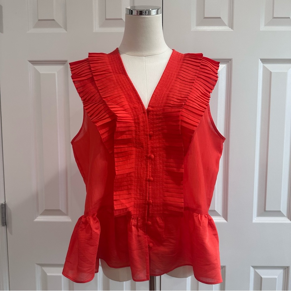 NWOT Karl Lagerfeld Orange V-Neck Peplum Ruffles Blouse Size L